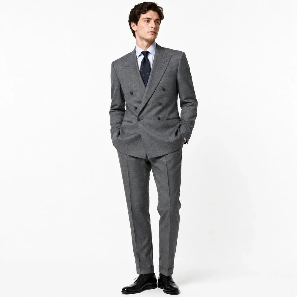 Yves Saint Laurent Double Breasted Suit 42R Gray Plaid Vintage Designer Business